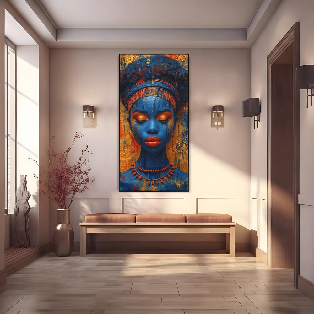 Tablou canvas cu portret de femeie cu piele albastra, in rama de aluminiu negru